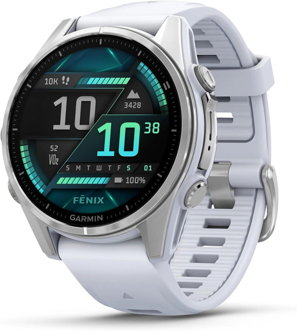 Garmin fēnix® 8 – 43mm, AMOLED, Premium Multisport GPS Smartwatch, Long-Lasting Battery Life, Dive-Rated, Built-in LED Flashlight, Silver with Whitestone Band