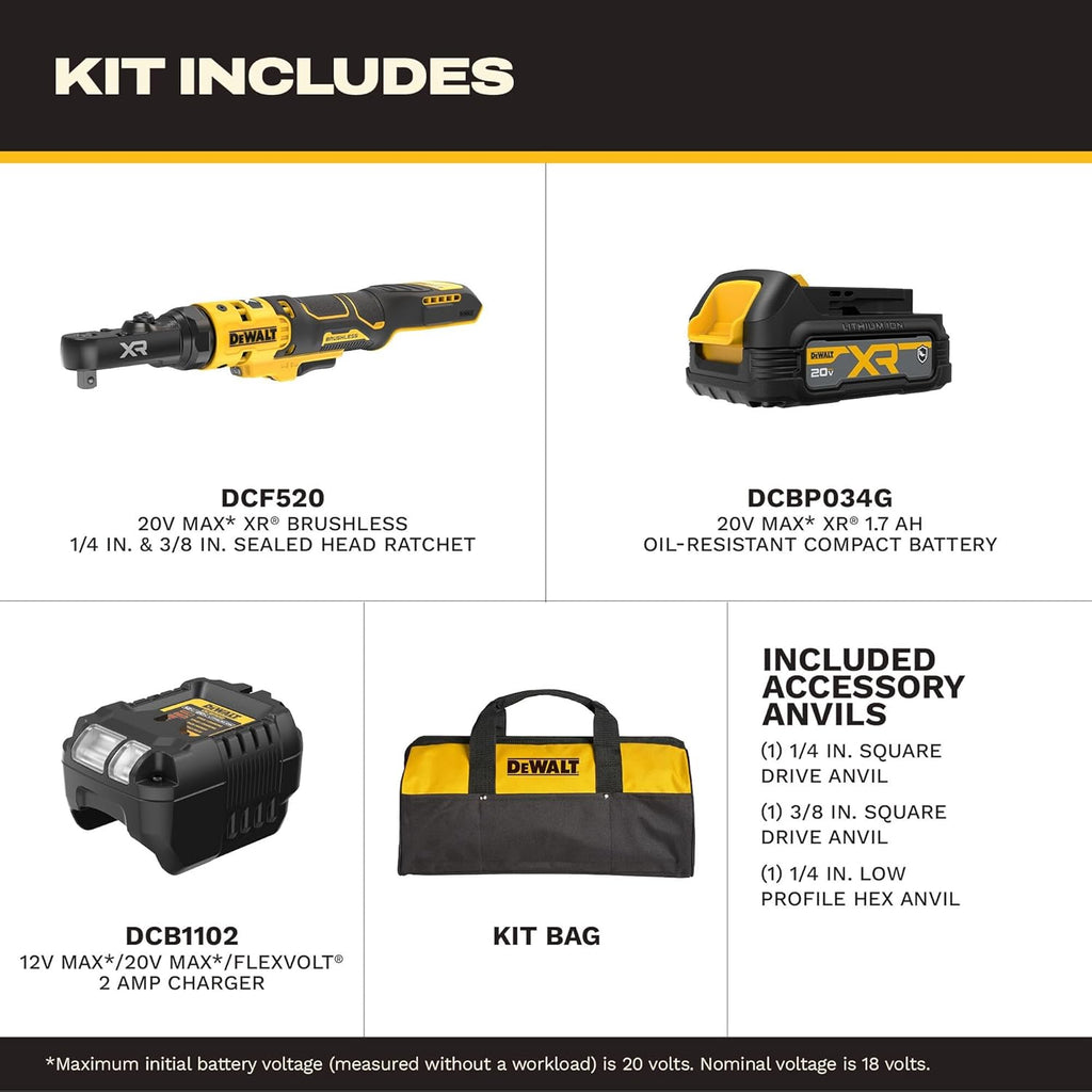 DEWALT 20V MAX* XR Brushless 1/4 in. & 3/8 in. Sealed Head Ratchet Kit (DCF520GE1)