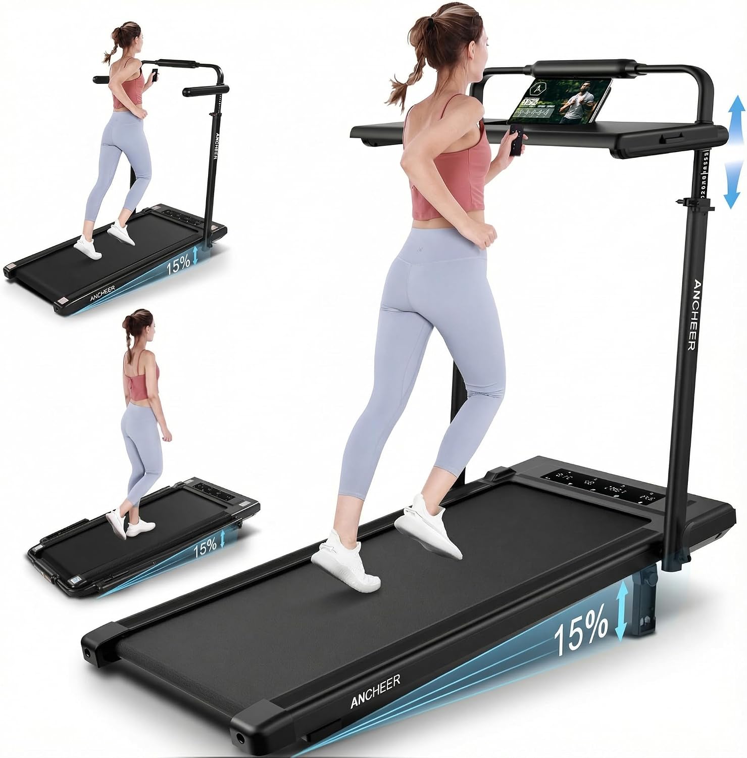 Treadmill with Desk Workstation & Adjustable Height, 450 lbs Weight Capacity, Folding Incline Treadmill with Handle Bar, Portable Ultra-Quiet 3.5HP Walking Pad Treadmill with Desktop for Home Office