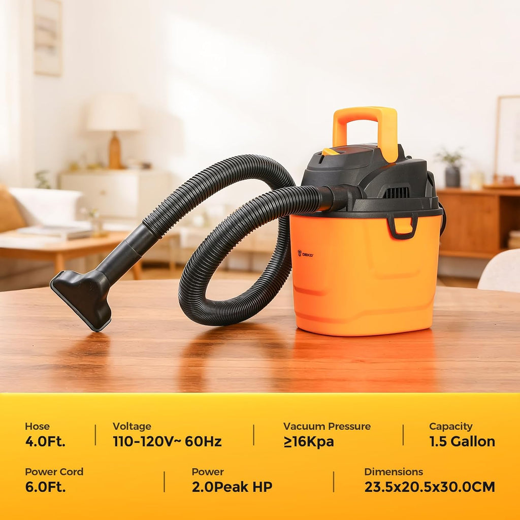 DEKOPRO Shop Vacuum Wet and Dry:1.5-Gallon 2 Peak HP Portable Small Shop Vac, Car Vacuum with 1-1/4 Inch 4Ft Hose, 6 Ft Cord,Mini Shop Vac for Homes, Pets, and Cars