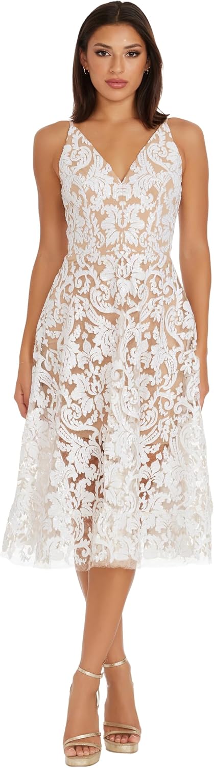 Dress the Population Womens Blair Plunging Fit and Flare Midi Dress