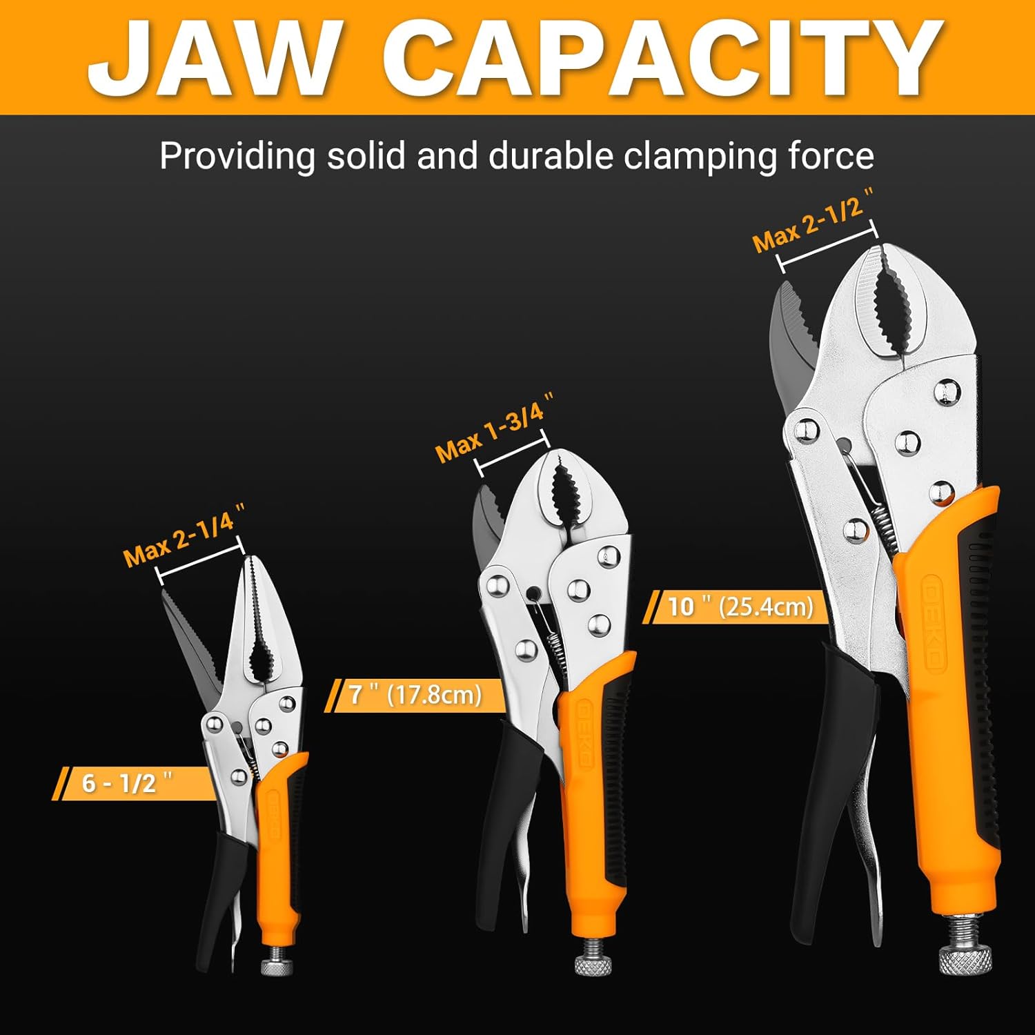 DEKOPRO 3-Piece Locking Pliers, Locking Jaw Plier, Vice Grips with Cr-V, 7" and 10" Curved Jaw Plier, 6-1/2" Long Nose Plier