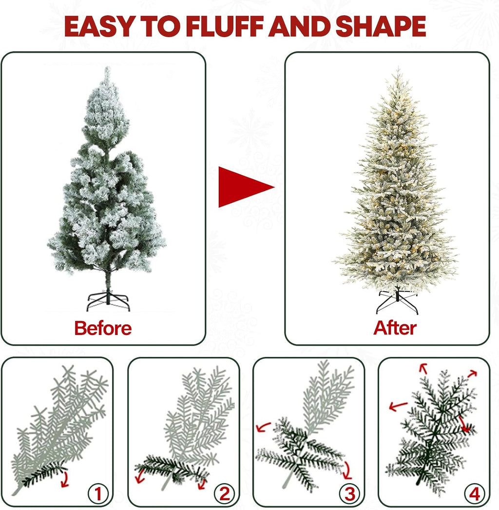 7.5 ft Lighted Artificial Flocked Christmas Tree, 450 Warm White LED Lights, 2933 PE&PVC Realistic Frosted Tips, Metal Stand and Hinged Branches Included