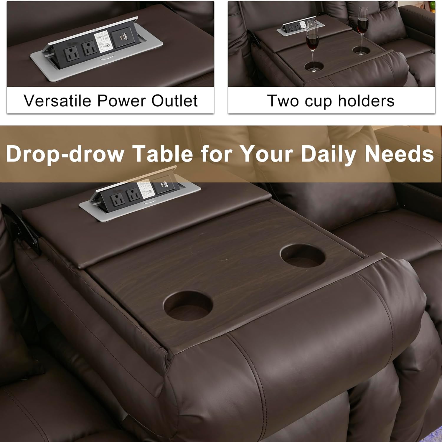 URRED Power Loveseat Recliner Sofa with Massage and Heat, Wall Hugger Reclining Loveseat with Console, RV Couch Home Theater Seating with LED Lights for Living Room (Dark Brown, 76.8" - 3 Seats)
