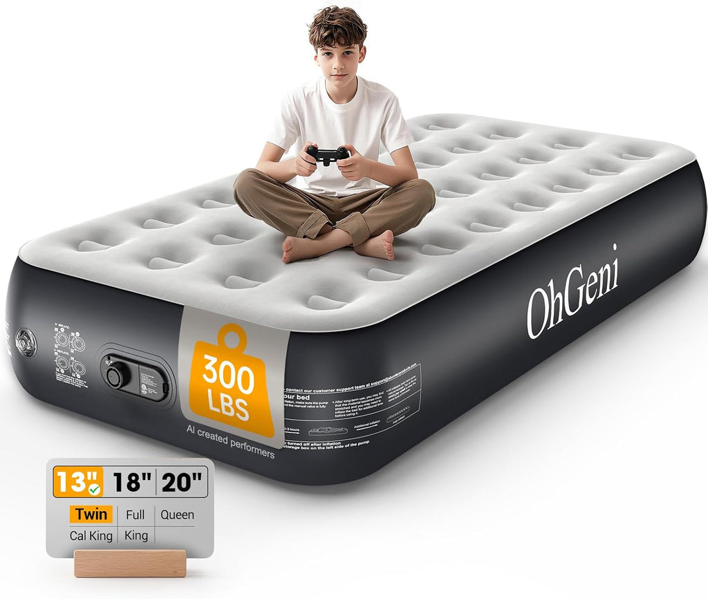 OhGeni Twin Air Mattress with Built in Pump, Family Choice Award Winner, 13" Camping Inflatable Blow up Bed with External Valve, Portable Foldable Airbed for Home & Outdoor, 300lbs