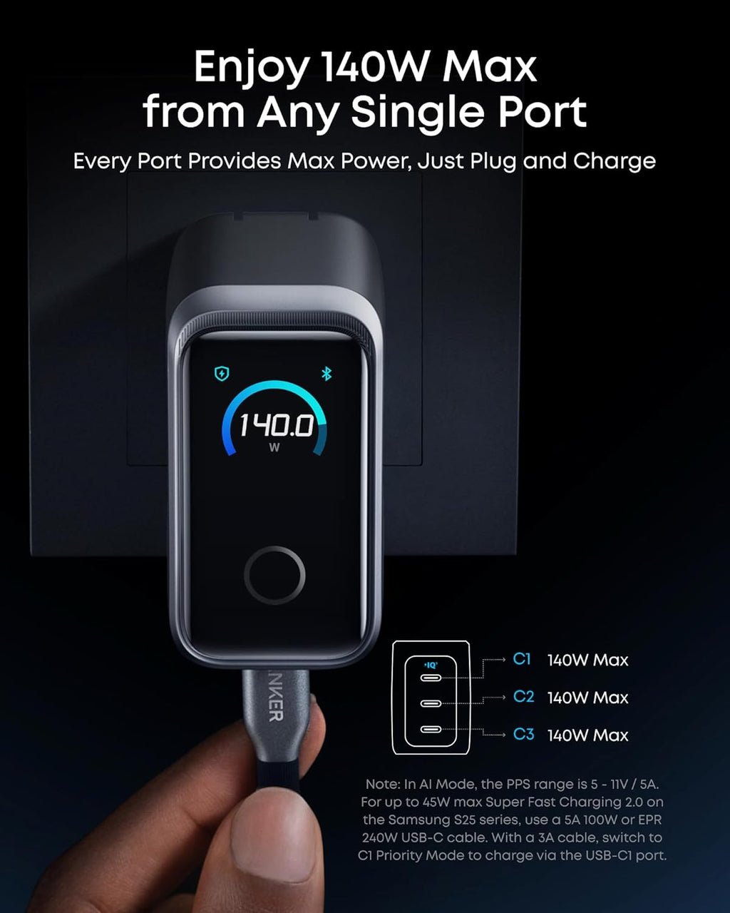 Anker Prime Charger,160W 3-Port Compact GaN USB C Charger,Smart Display,Touch Control,Up to 140W Fast Charging for One Device,for MacBook Pro,Laptop,iPhone 17 Series(Cable Not Included,Non-Battery)