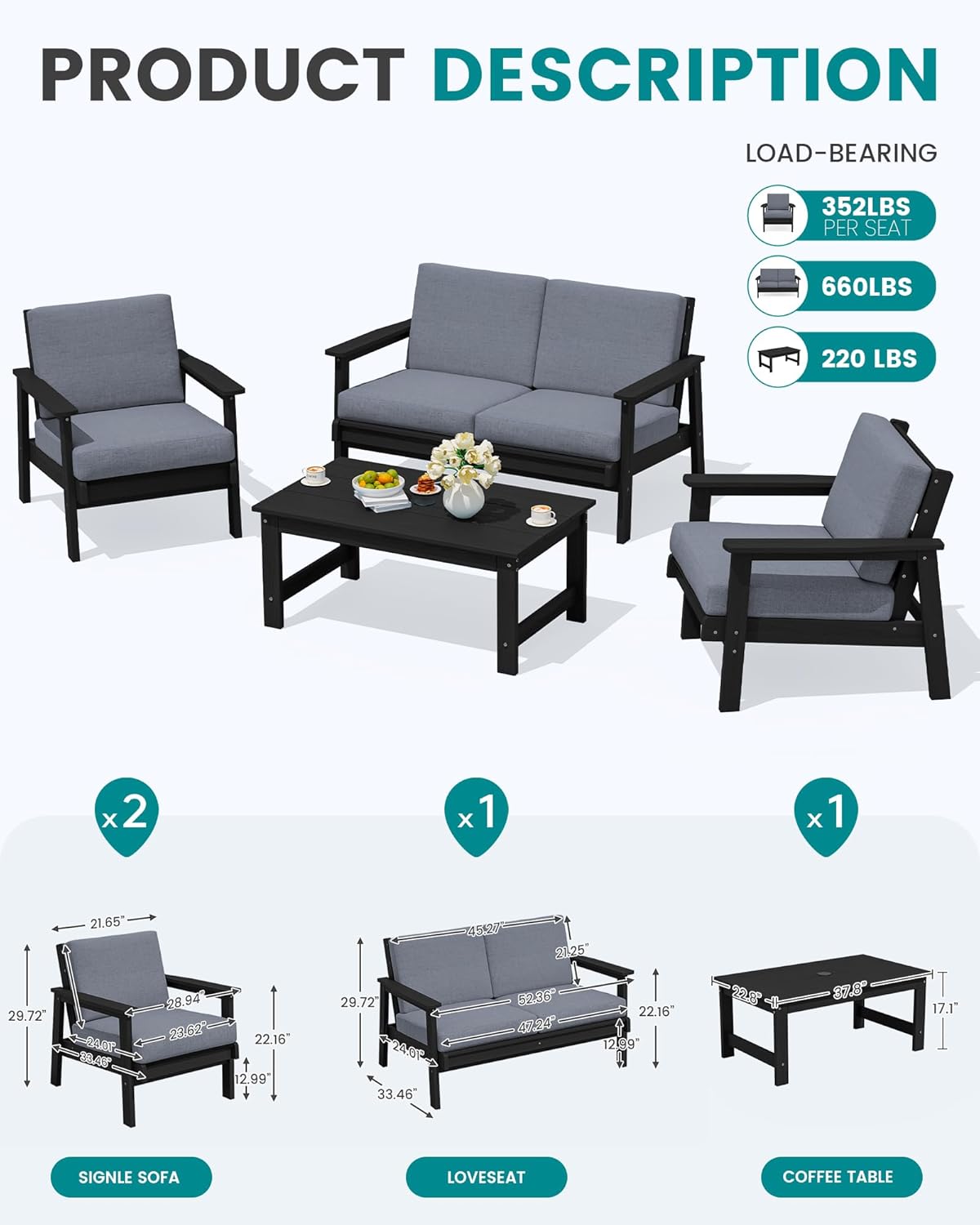 SERWALL 4 Piece HDPE Outdoor Furniture Set, All Weather Wood-Like Outdoor Sofa Sectional Couch, Black Patio Furniture Set with Grey Cushions