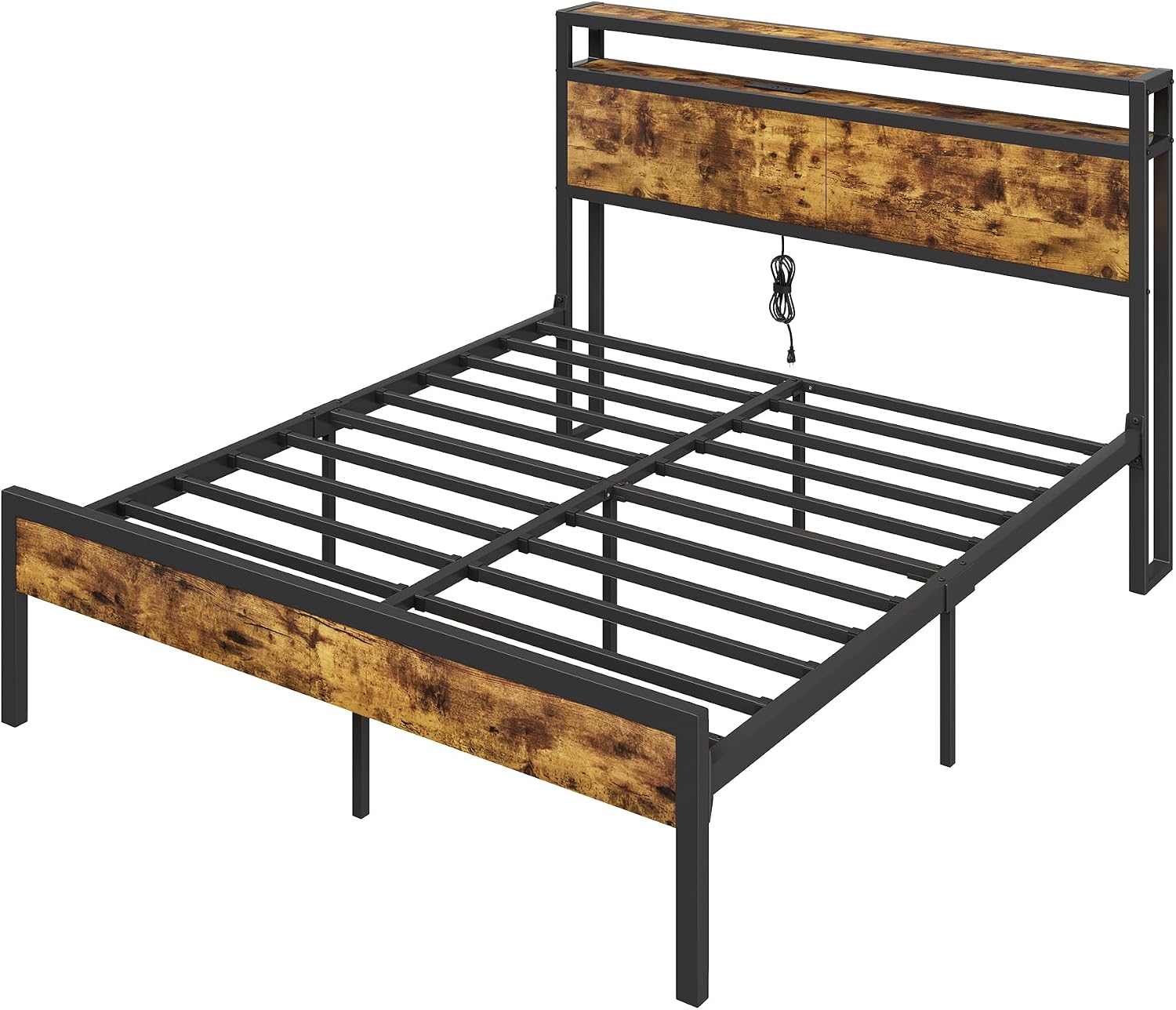 AMERLIFE Queen Size Bed Frame with Storage Headboard & Charging Station, Industrial Metal Platform Bed with Large Under-Bed Storage, Heavy Duty Slats, No Box Spring Needed, Dark Brown