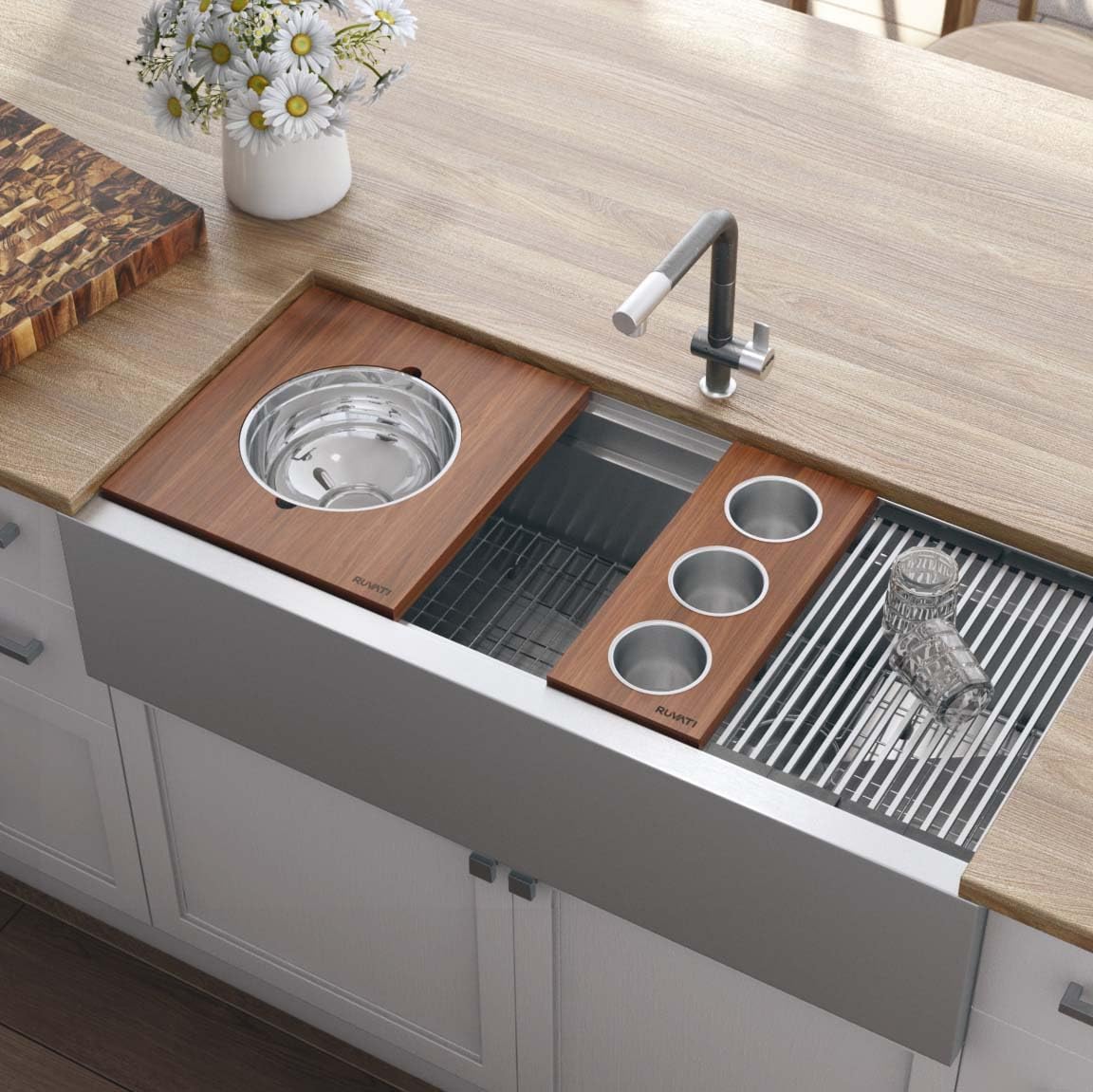 Ruvati Wood Platform with Mixing Bowl and Colander (complete set) for Workstation Sinks - RVA1288