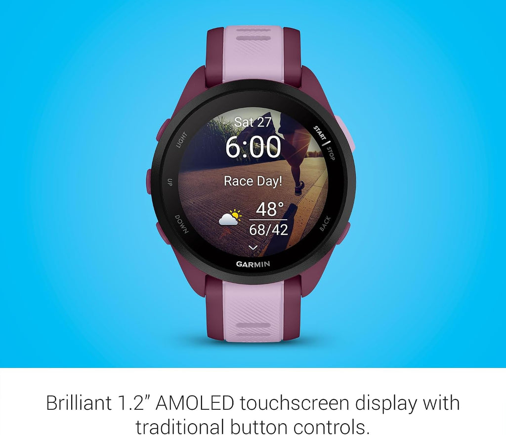 Garmin Forerunner 165 Music, Running Smartwatch, Colorful AMOLED Display, Training Metrics and Recovery Insights, Music on Your Wrist, Berry