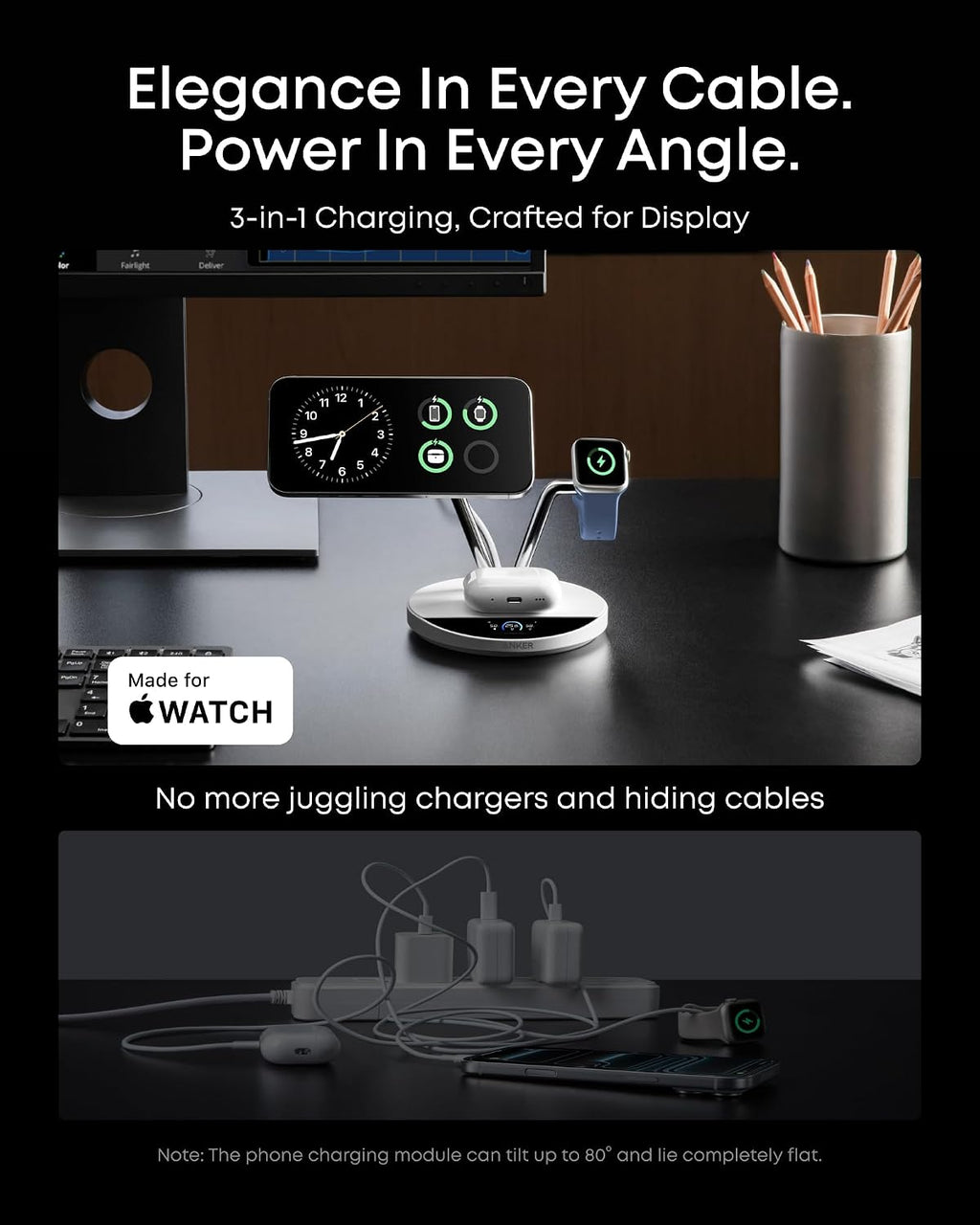 Anker Prime 3-in-1 Charging Station, Qi2.2-Certified 25W Wireless Charger Dock Stand, MagSafe Compatible, Smart Display with TEC Active Cooling, for iPhone 17, Apple Watch, AirPods, and More