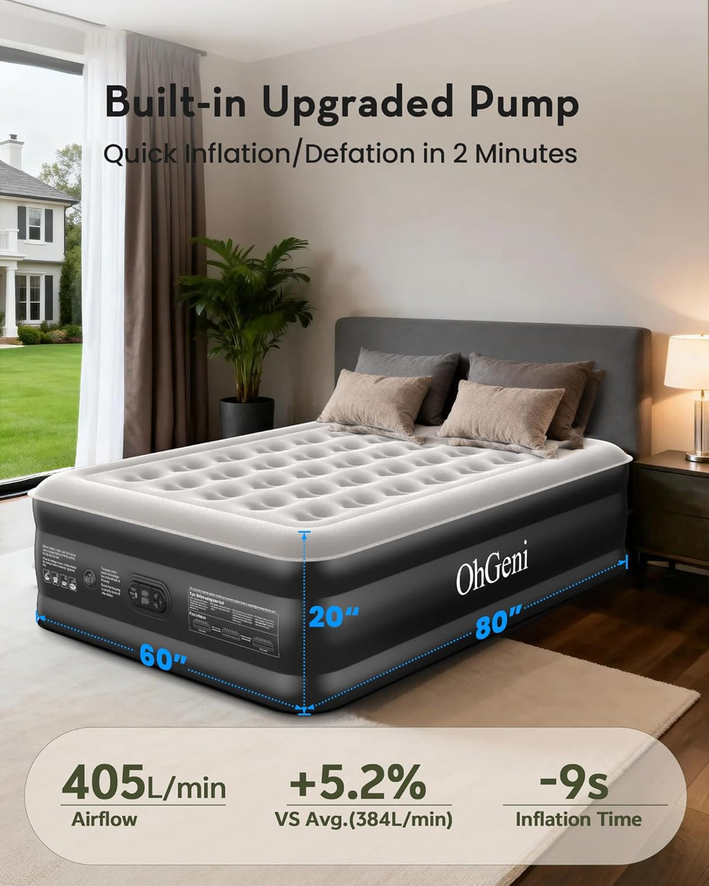 OhGeni 20" Queen Air Mattress (1-Pack) with Built in Pump, Inflatable Blow Up Bed, Upgraded Air Column Support for Enhanced Stability, Raised Height for Easy Entry & Exit, 650 lbs Capacity
