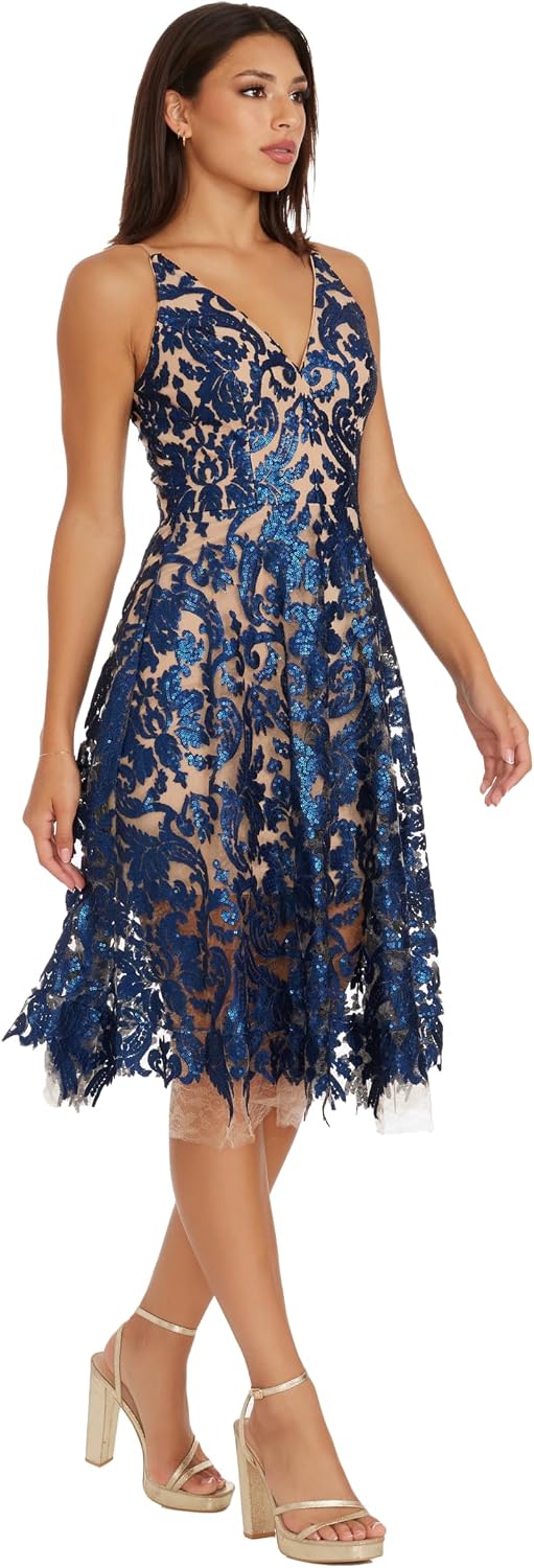 Dress the Population Womens Blair Plunging Fit and Flare Midi Dress