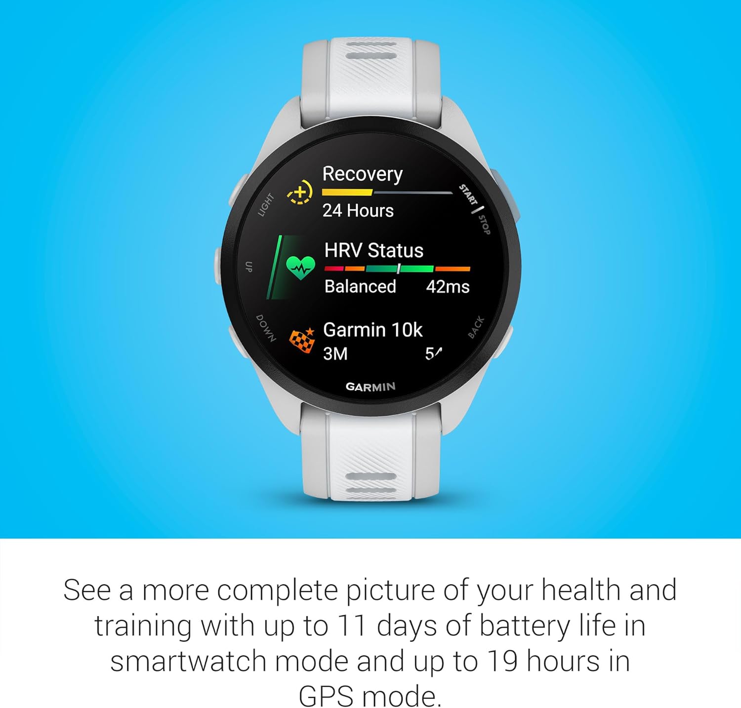 Garmin Forerunner 165 Music, Running Smartwatch, Colorful AMOLED Display, Training Metrics and Recovery Insights, Music on Your Wrist, Whitestone