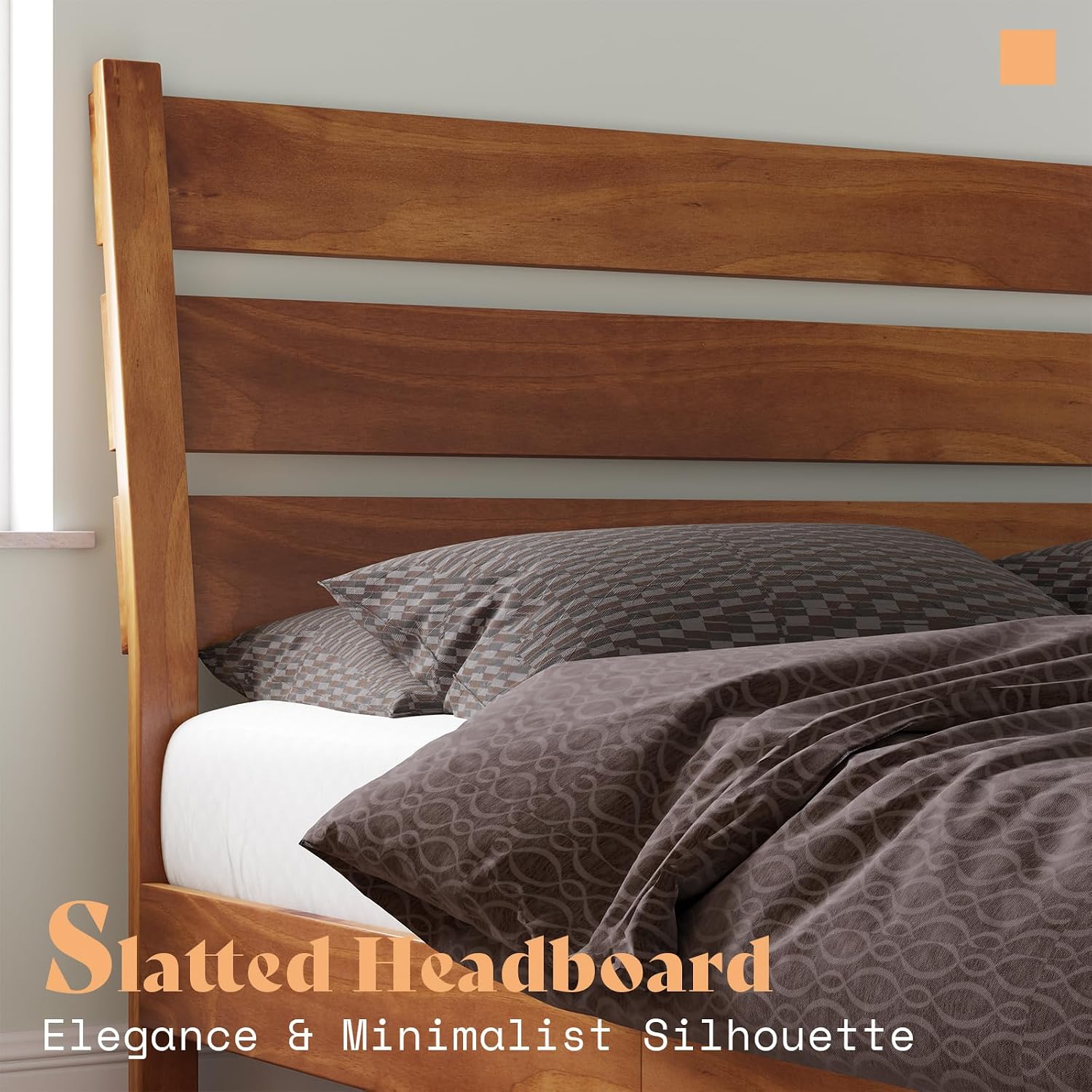 AMERLIFE Solid Wood Queen Size Bed Frame, Mid Century Modern Platform Bed Frame with Reclining Headboard, Sturdy & Noise Free, No Box Spring Needed, Light Brown