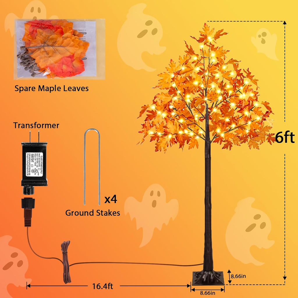 VIVATREES Set of 2, 6FT Artificial Lighted Maple Trees with 240 LEDs, Fall Tree with Warm White Lights for Indoor Outdoor Autumn Halloween Thanksgiving Decor