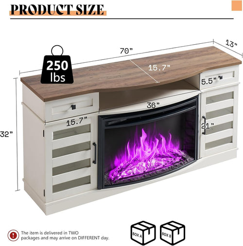 AMERLIFE Farmhouse Living Room Table Set of 4, Include 70" Fireplace TV Stand with 36" Curved Electric Fireplace, Coffee Table & 2 End Tables with Charging Station, White+Barnwood