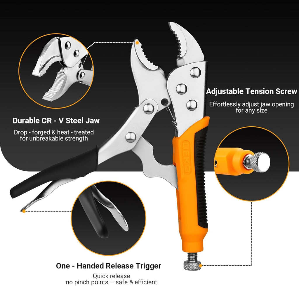 DEKOPRO 3-Piece Locking Pliers, Locking Jaw Plier, Vice Grips with Cr-V, 7" and 10" Curved Jaw Plier, 6-1/2" Long Nose Plier