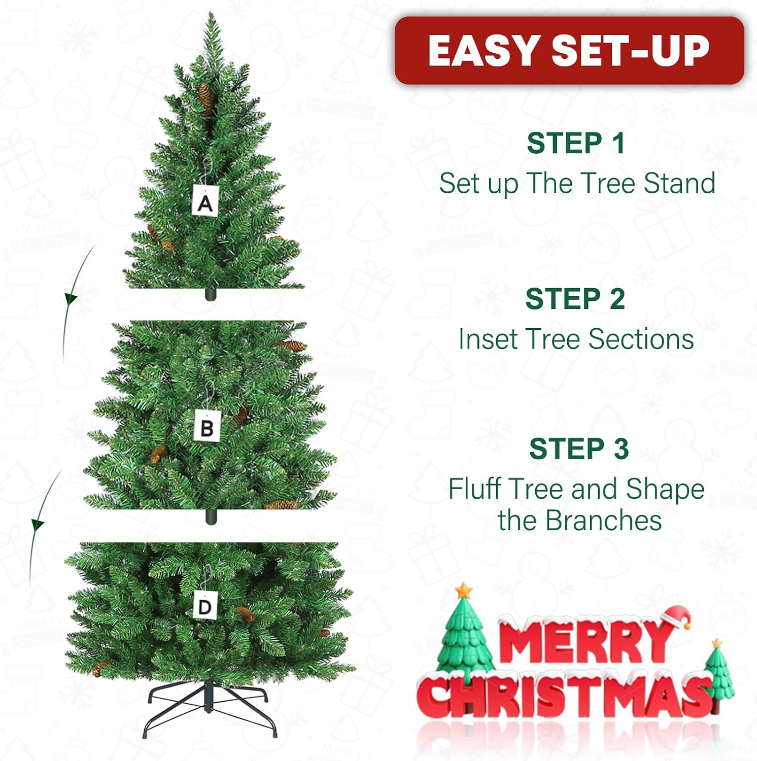 7.5 ft Prelit Pencil Slim Christmas Tree, Artificial Hinged Flocked Christmas Tree with 300 Multicolor LED Lights, Metal Base Included, 792 PVC Branch Tips, 10 Colors