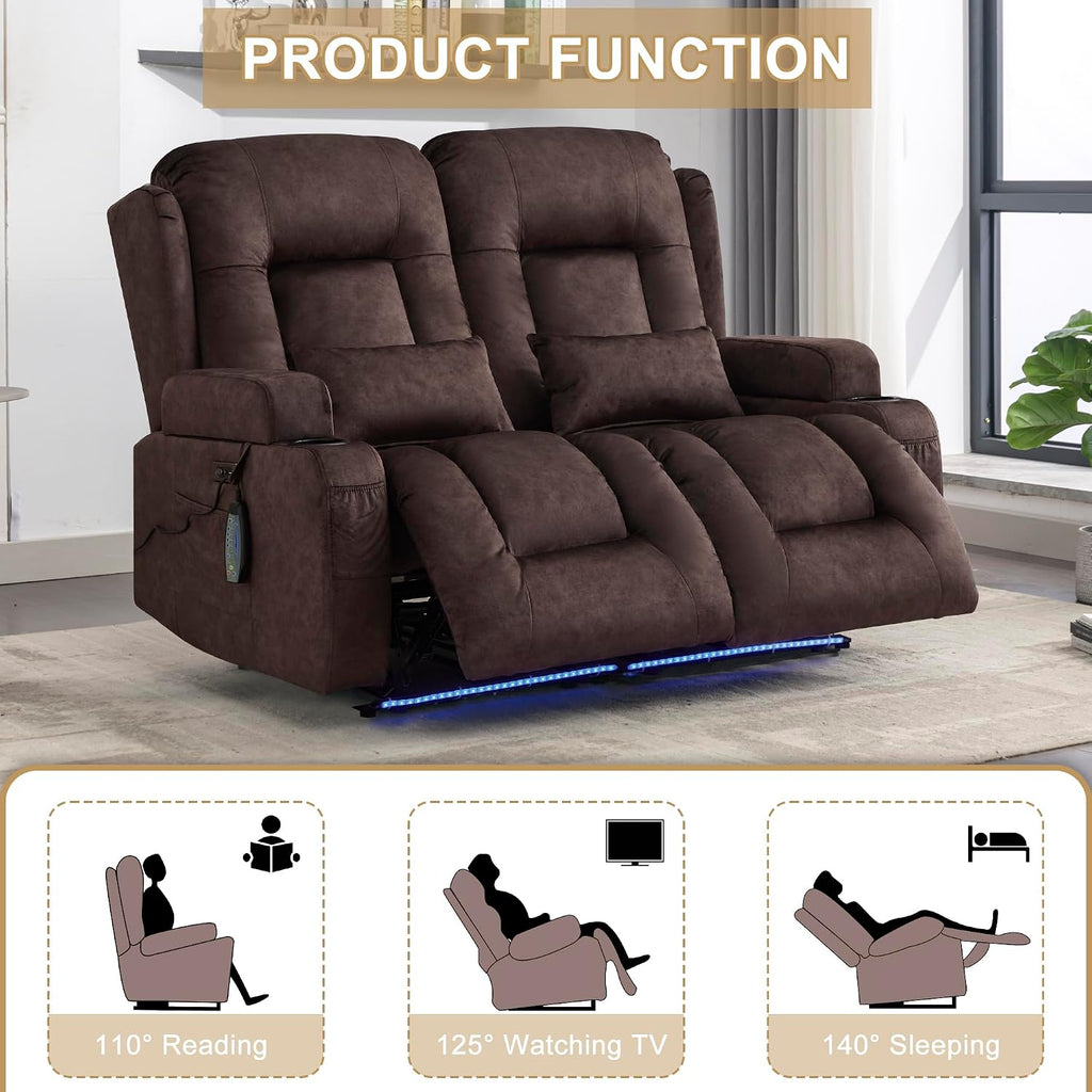 URRED Power Loveseat Recliner Sofa with Massage and Heat, Wall Hugger Reclining Loveseat, RV Couch Home Theater Seating with LED Lights for Living Room (Brown, 54" - 2 Seats)