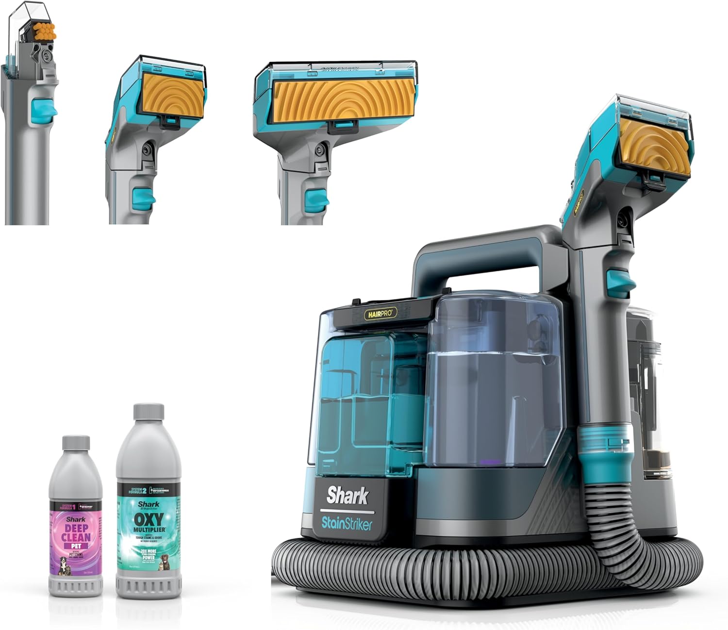 Shark StainStriker HairPro | Portable Carpet, Upholstery & Rug Cleaner | 3 Tools | Self-Cleaning | Perfect for Pets | Ultra-Powerful Stain & Odor Remover | Pet & OXY Solutions | Teal | PX253BRN
