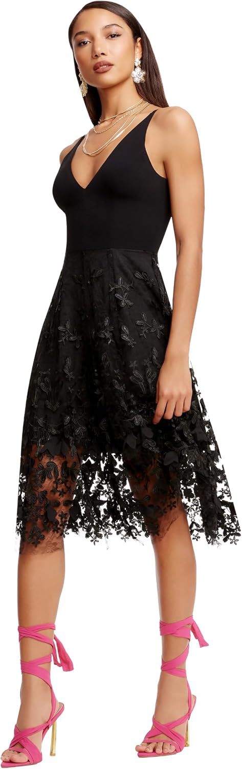 Dress the Population Women's Darleen Sleeveless Plunging Neckline Fit and Flare Midi Dress