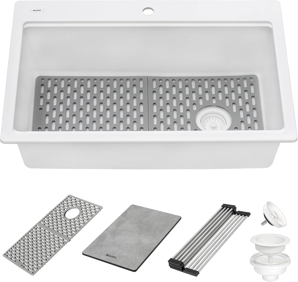Ruvati 33-inch Granite Composite Quartz Workstation Drop-in Topmount Kitchen Sink Matte White - RVG1302WH