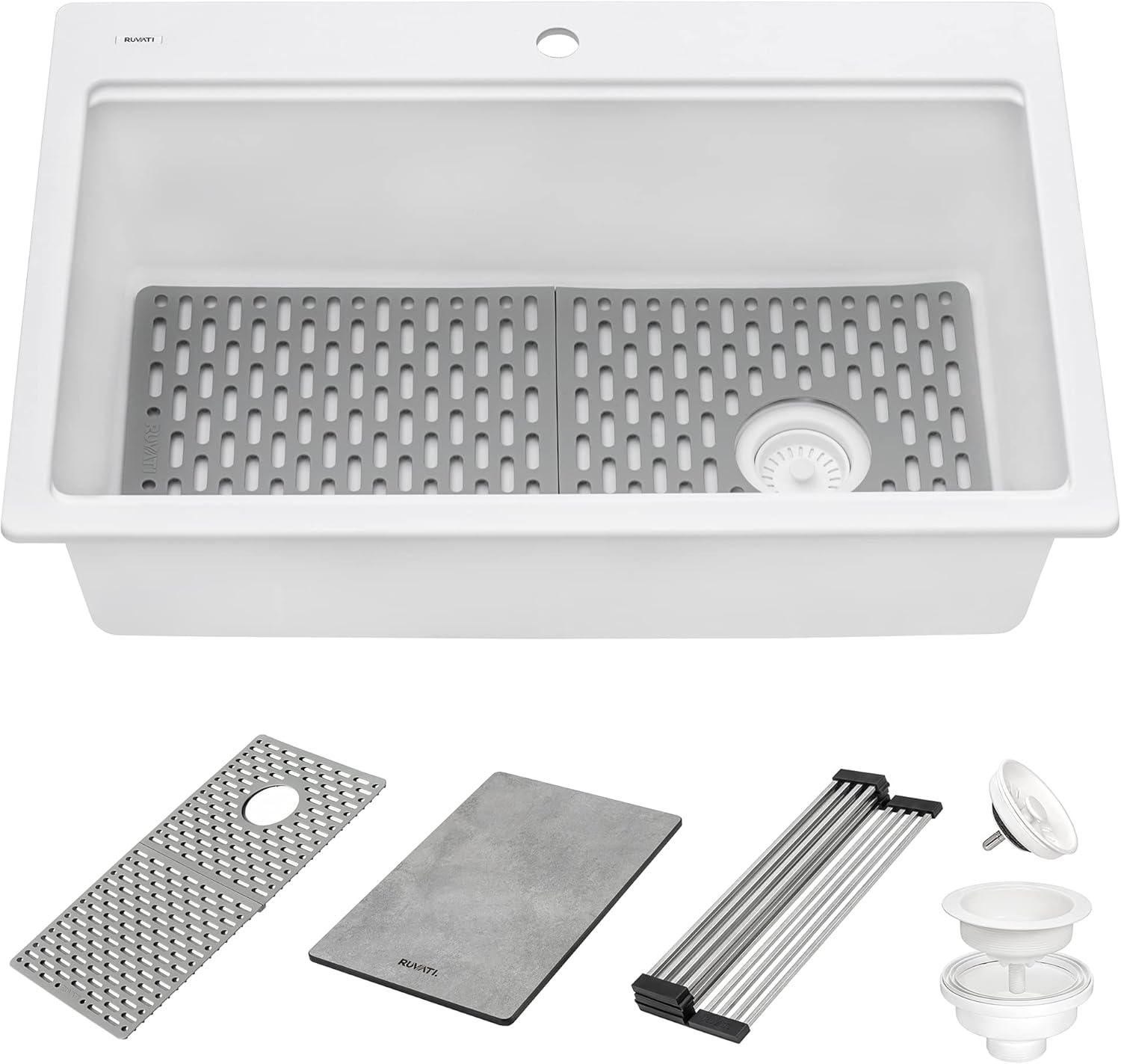 Ruvati 33-inch Granite Composite Quartz Workstation Drop-in Topmount Kitchen Sink Matte White - RVG1302WH