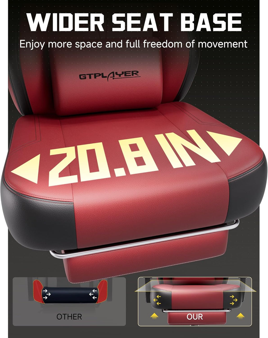 GTPLAYER Big & Tall Gaming Chair, 90°-155° Adjustable Reclining Office Seat with Footrest, Ergonomic Comfy Computer Desk Chair for Adults, Home Office Gaming Study Use, Wine Red (Leather)