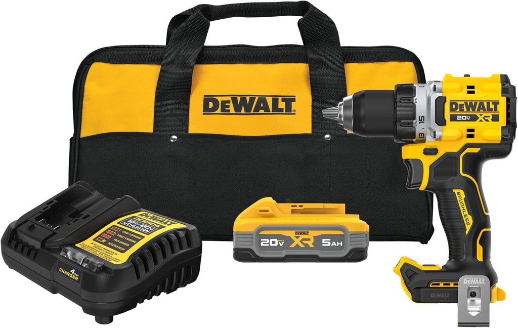 DEWALT Drill Set 20V MAX XR, 1/2 in. Brushless Cordless Drill Driver Kit With 5AH POWERSTACK Battery and Charger, LED Light, Dual Speed (DCD801H1)