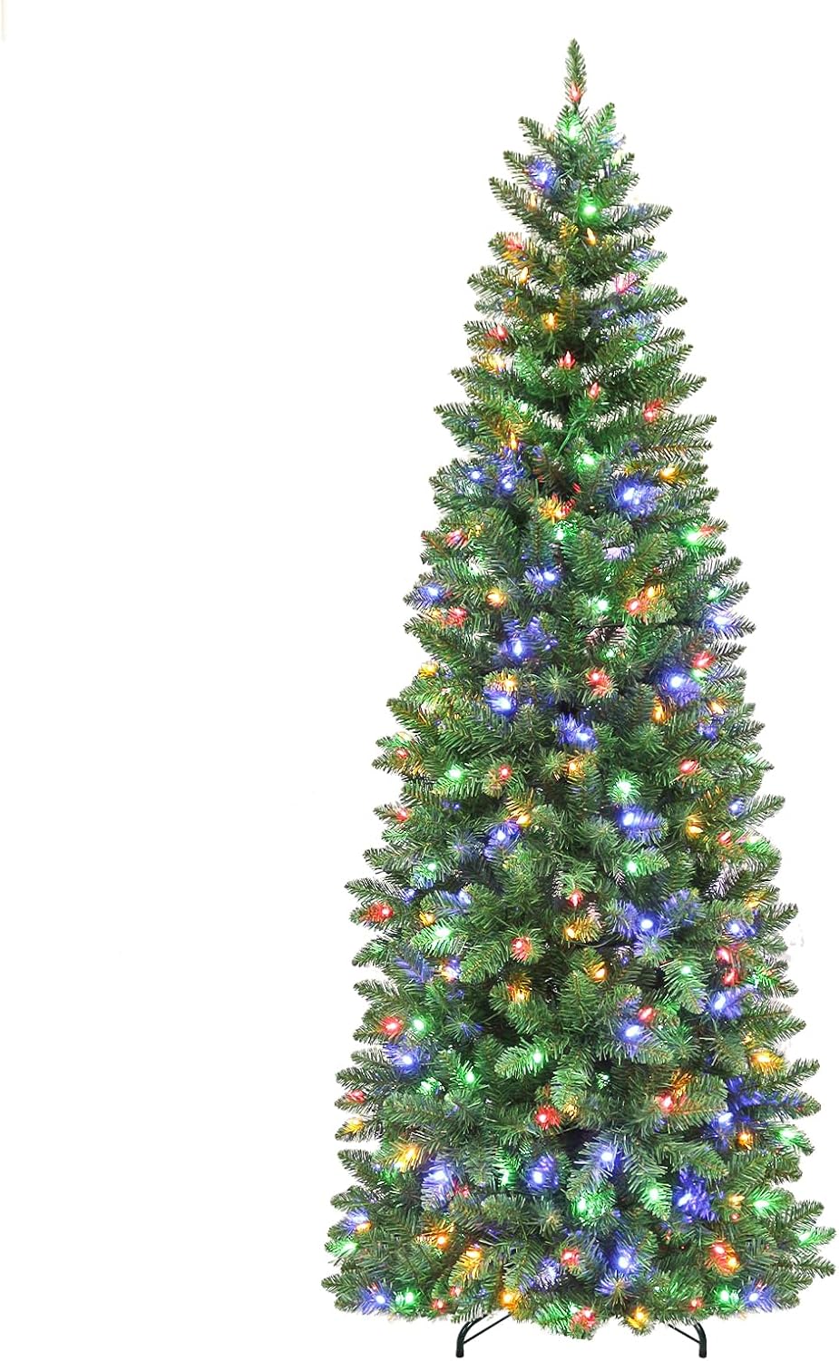 6 ft Prelit Pencil Slim Christmas Tree, 200 Color Changing LED Lights, 544 Branch Tips, Metal Stand and Hinged Branches, Easy Assembly for Indoor Holiday Decorating, 10 Modes