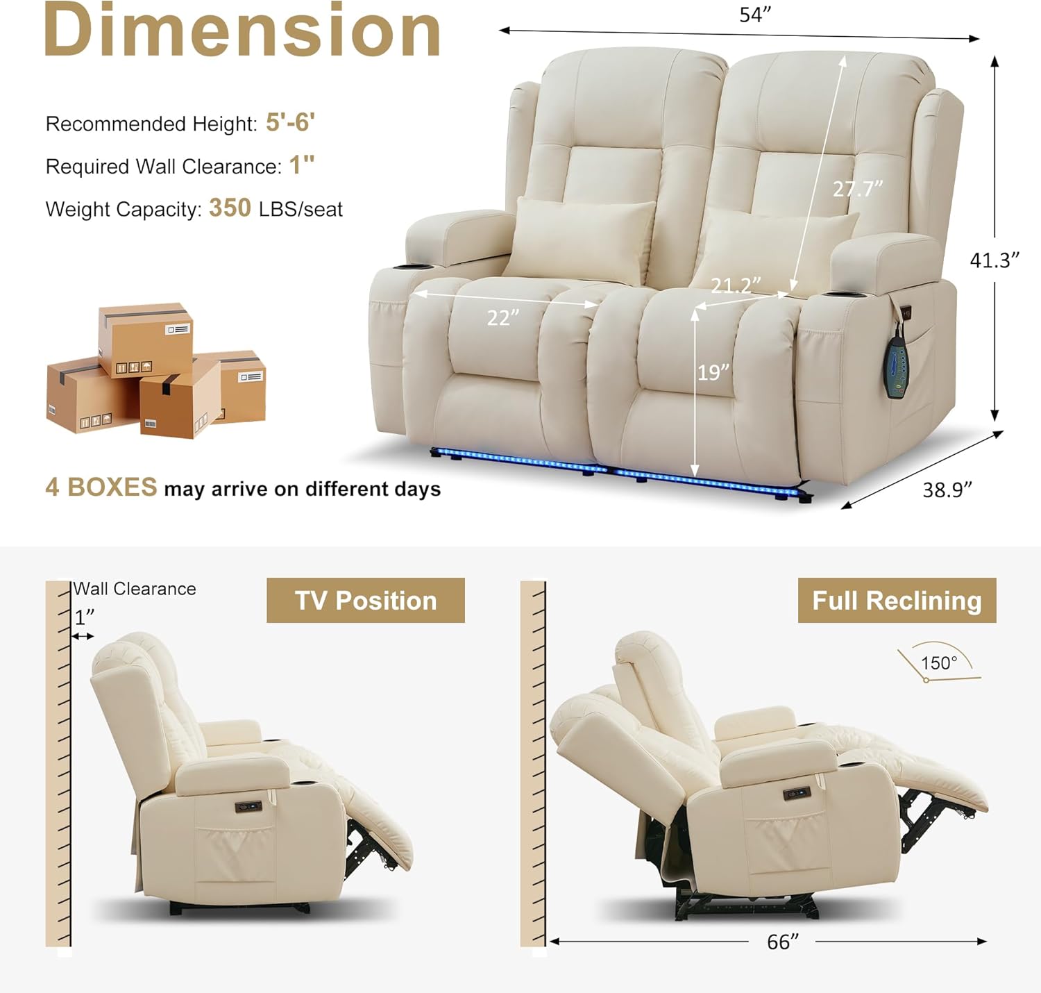 URRED Power Loveseat Recliner Sofa with Massage and Heat, Wall Hugger Reclining Loveseat, RV Couch Home Theater Seating with LED Lights for Living Room (Irovy, 54" - 2 Seats)