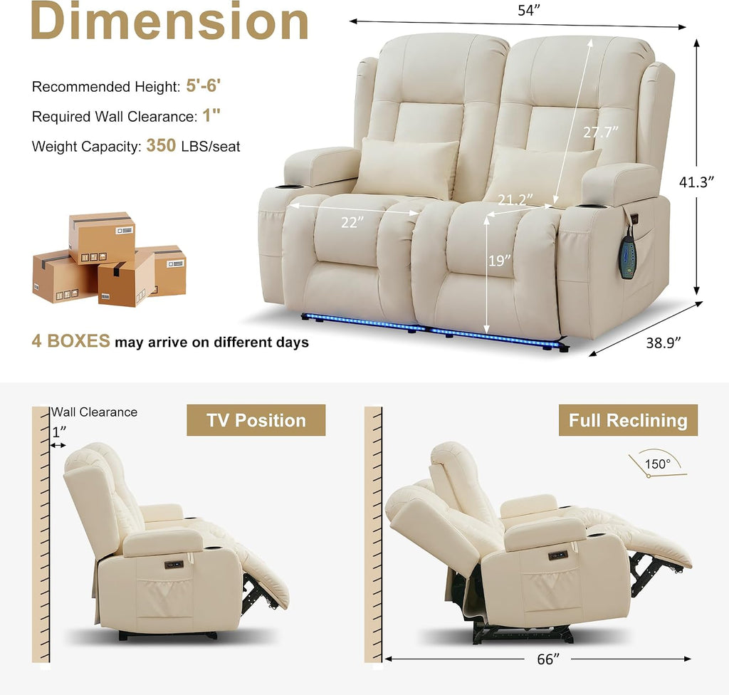 URRED Power Loveseat Recliner Sofa with Massage and Heat, Wall Hugger Reclining Loveseat, RV Couch Home Theater Seating with LED Lights for Living Room (Irovy, 54" - 2 Seats)