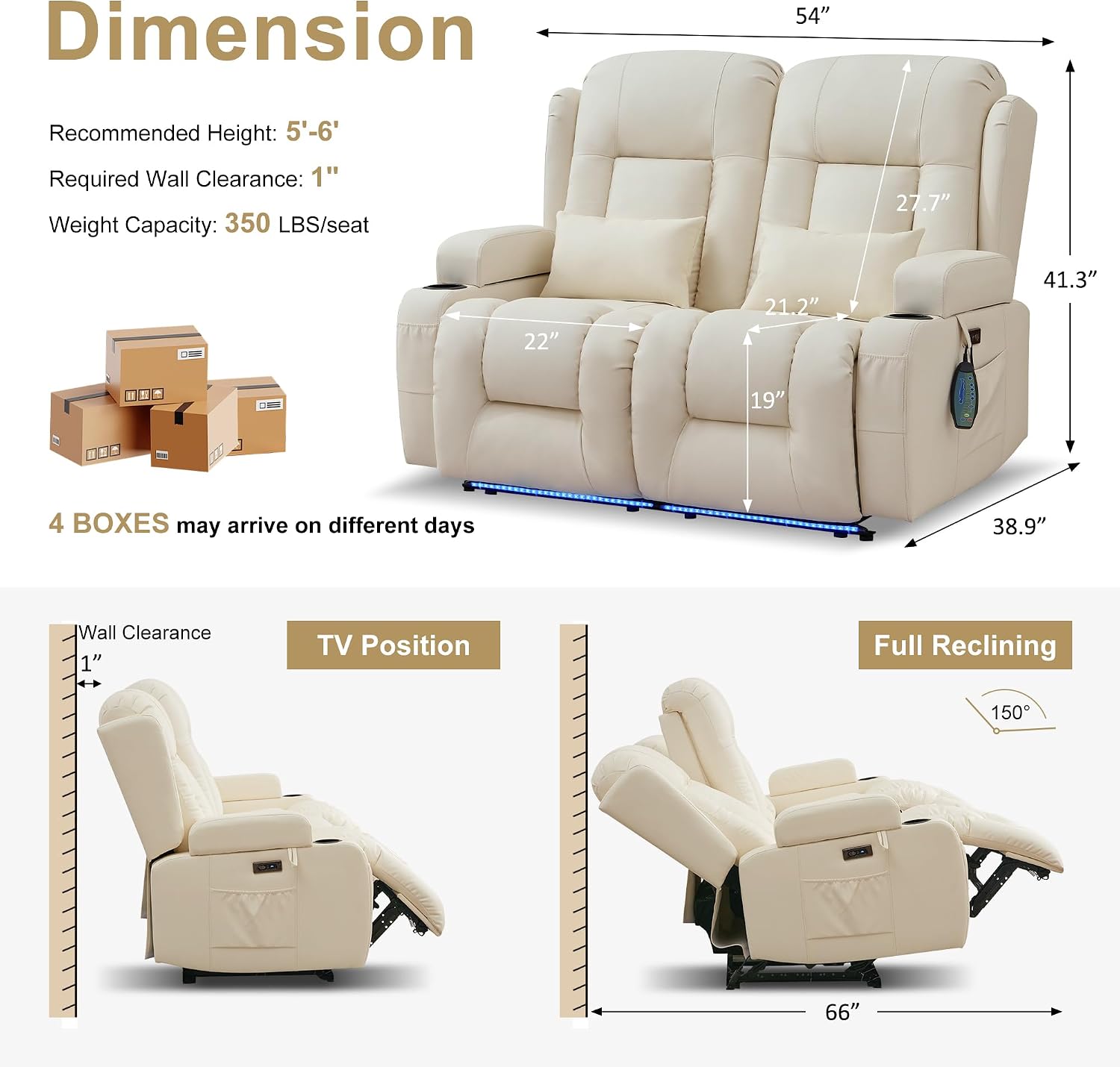 URRED Power Loveseat Recliner Sofa with Massage and Heat, Wall Hugger Reclining Loveseat, RV Couch Home Theater Seating with LED Lights for Living Room (Irovy, 54" - 2 Seats)