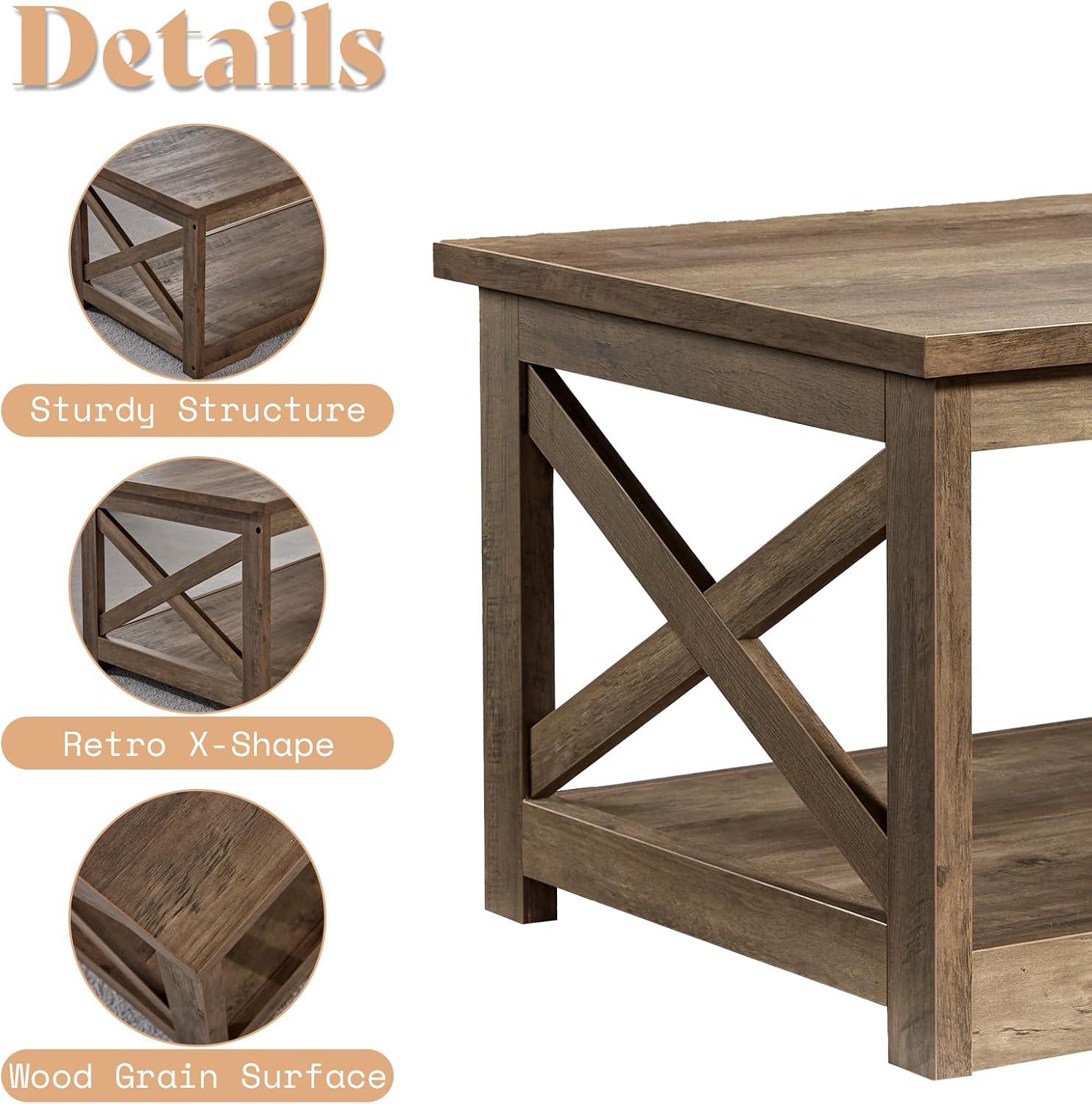 AMERLIFE 3-Piece Farmhouse Table Set Includes Coffee Table& Two End Tables, Side Table with Charging Station and USB Ports, for Living Room, Barnwood
