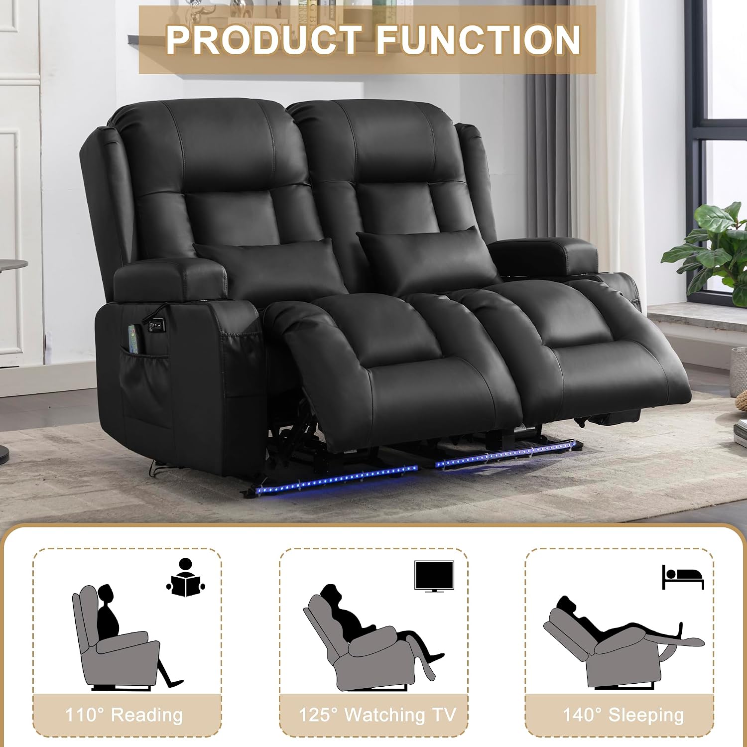 URRED Power Loveseat Recliner Sofa with Massage and Heat, Wall Hugger Reclining Loveseat, RV Couch Home Theater Seating with LED Lights for Living Room (Black, 54" - 2 Seats)