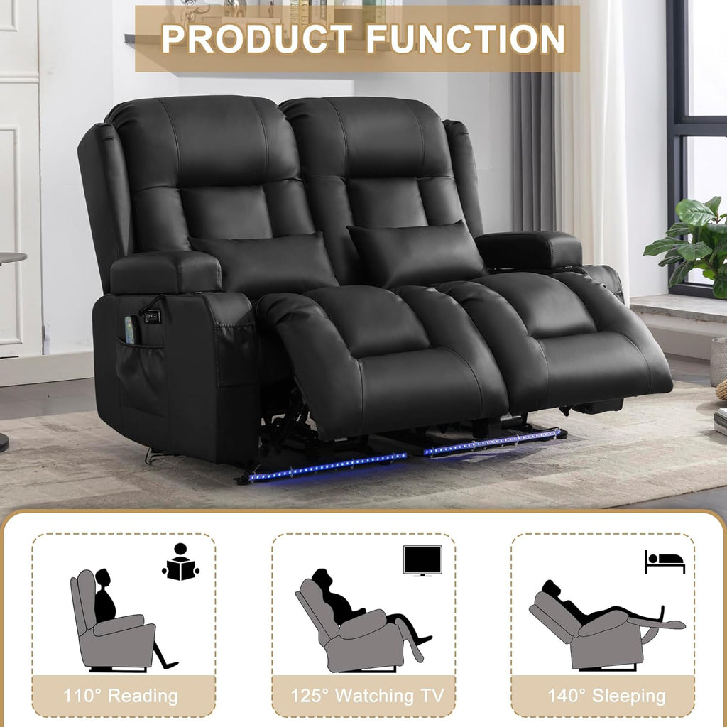 URRED Power Loveseat Recliner Sofa with Massage and Heat, Wall Hugger Reclining Loveseat, RV Couch Home Theater Seating with LED Lights for Living Room (Black, 54" - 2 Seats)