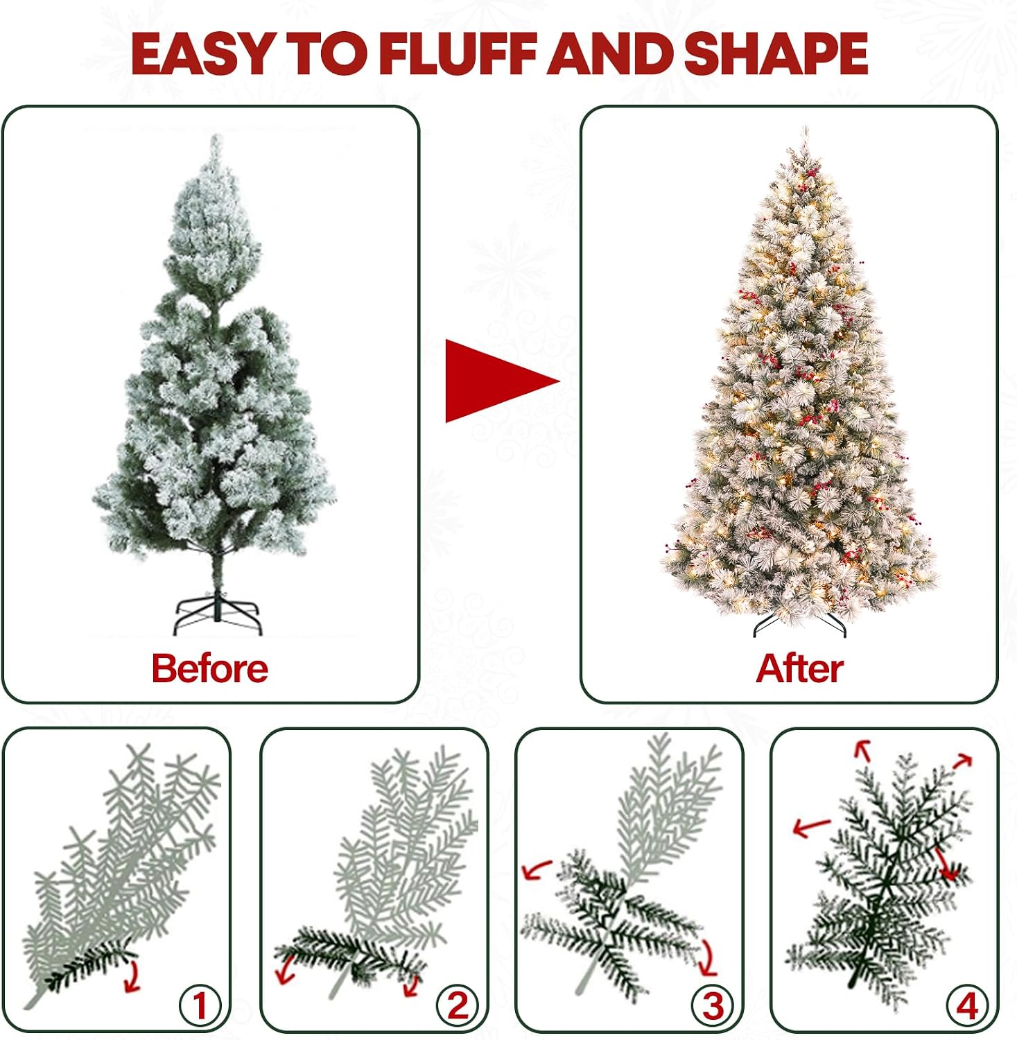7.5ft Lighted Snow Flocked Christmas Tree, Artificial Christmas Tree with 450 Warm White LED Lights, 1446 Branch Tips, Hinged Design & Metal Stand for Holiday, Decor