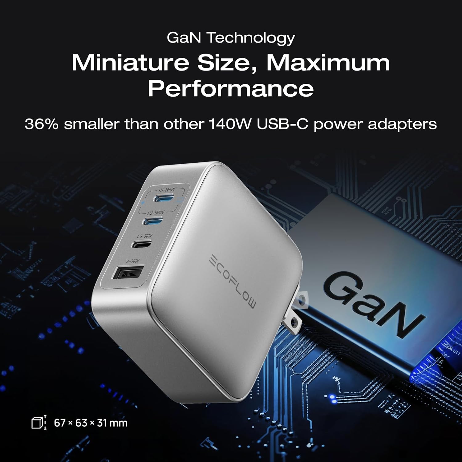 EF ECOFLOW Rapid Pro Charger, 146W 4-Post GaN USB C Charger Block, Up to 140W Single‑Port Charging, Foldable and Compact for MacBook, iPad, iPhone 17 Series, and More