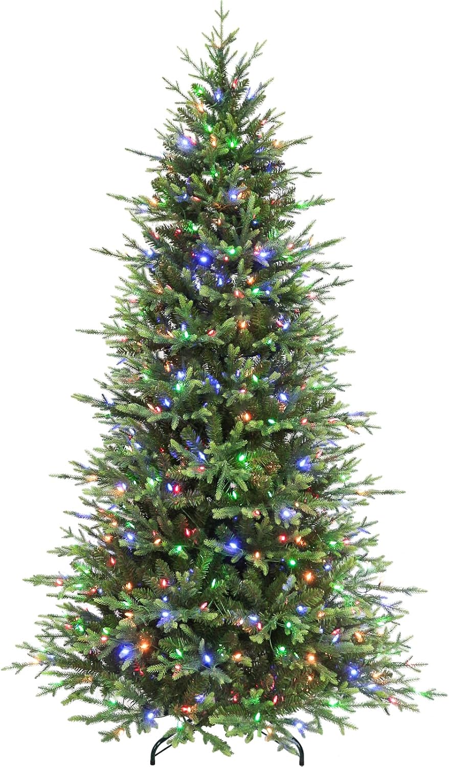 7.5 ft Lighted Artificial Christmas Tree, 450 Color Changing LED Lights, 2933 PE&PVC Mixed Branch Tips, Metal Base and Hinged Branches for Home, Decoration, 10 Modes