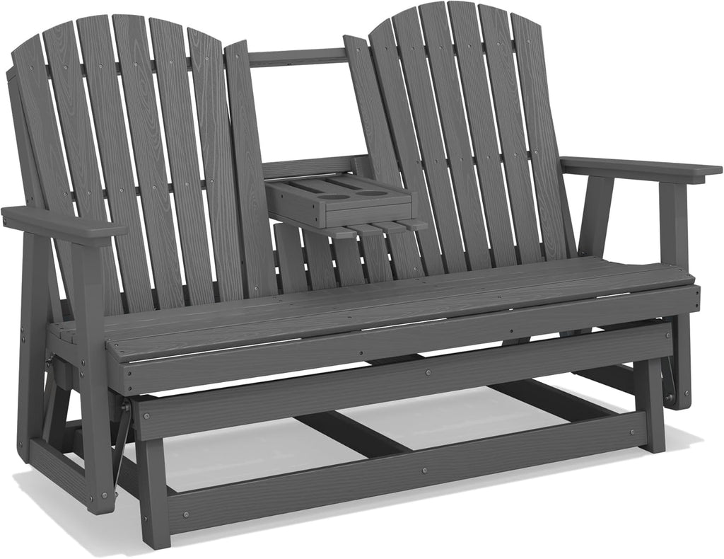 SERWALL 3 Person Outdoor Glider Bench with Cup Holder and iPad Placement,Oversized 66" HDPE Patio Glider Bench, All Weather Patio Glider Chair for Garden,Park,Yard,Front Porch,Gray