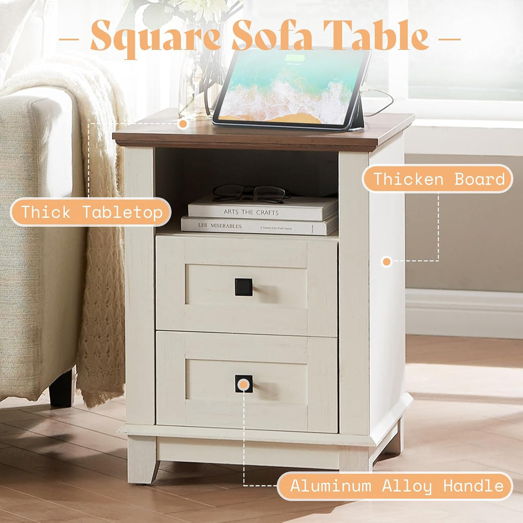 AMERLIFE Farmhouse 4-Piece Living Room Set, Entryway Console with Adjustable Shelves, Pair of 18" End Tables with Charging Station, Large Rectangular Coffee Table with Sliding Barn Doors, Rustic White