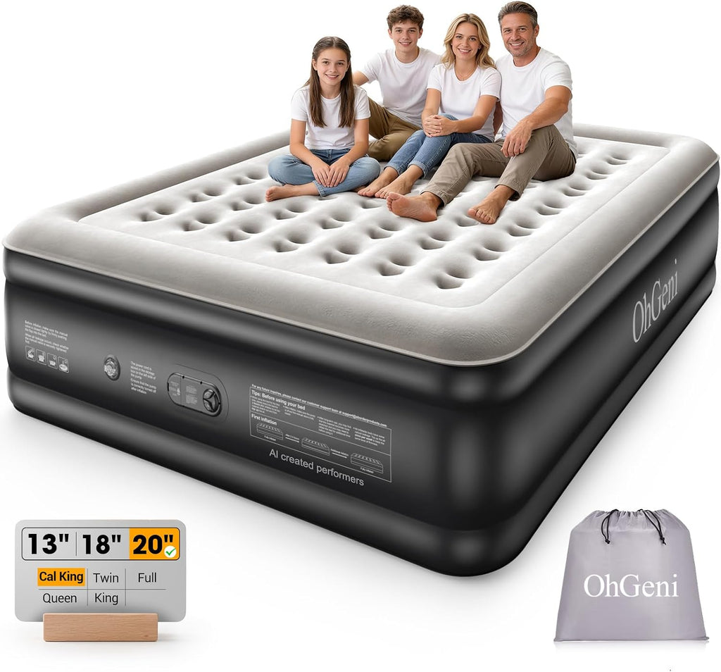 OhGeni 20" Raised Cal King Air Mattress with Built in Pump, Keep Feet from Dangling, Extra Length Blow up Mattress, Back-Friendly Airbed for Guests, Luxury Comfort for People(190CM Height), 700lbs