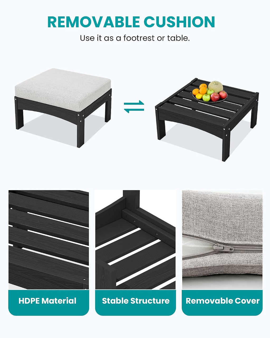 SERWALL 2 Pieces Patio Conversation Set, All-Weather HDPE Outdoor Sofa with Removable Cushions and Ottoman, Modular Design Converts to Chaise Lounge, Porch, Poolside, Black Frame with Khaki Cushion