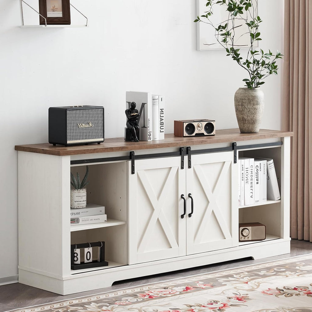 AMERLIFE 4-Piece Farmhouse Table Set Includes Sliding Barn Door TV Stand, Coffee Table& Two End Tables, Side Table with Charging Station and USB Ports for Living Room, Distressed White, 66"