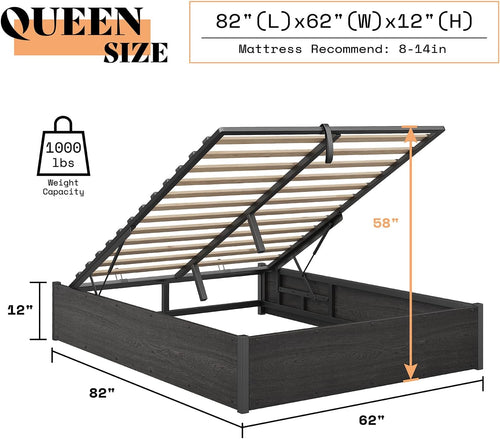 AMERLIFE Lift Up Storage Bed, Queen Bed Frame with Storage Underneath, Wooden Platform Bed Frame, Solid Wood Slats Support, No Fixed Headboard, No Box Spring Needed, Dark Oak