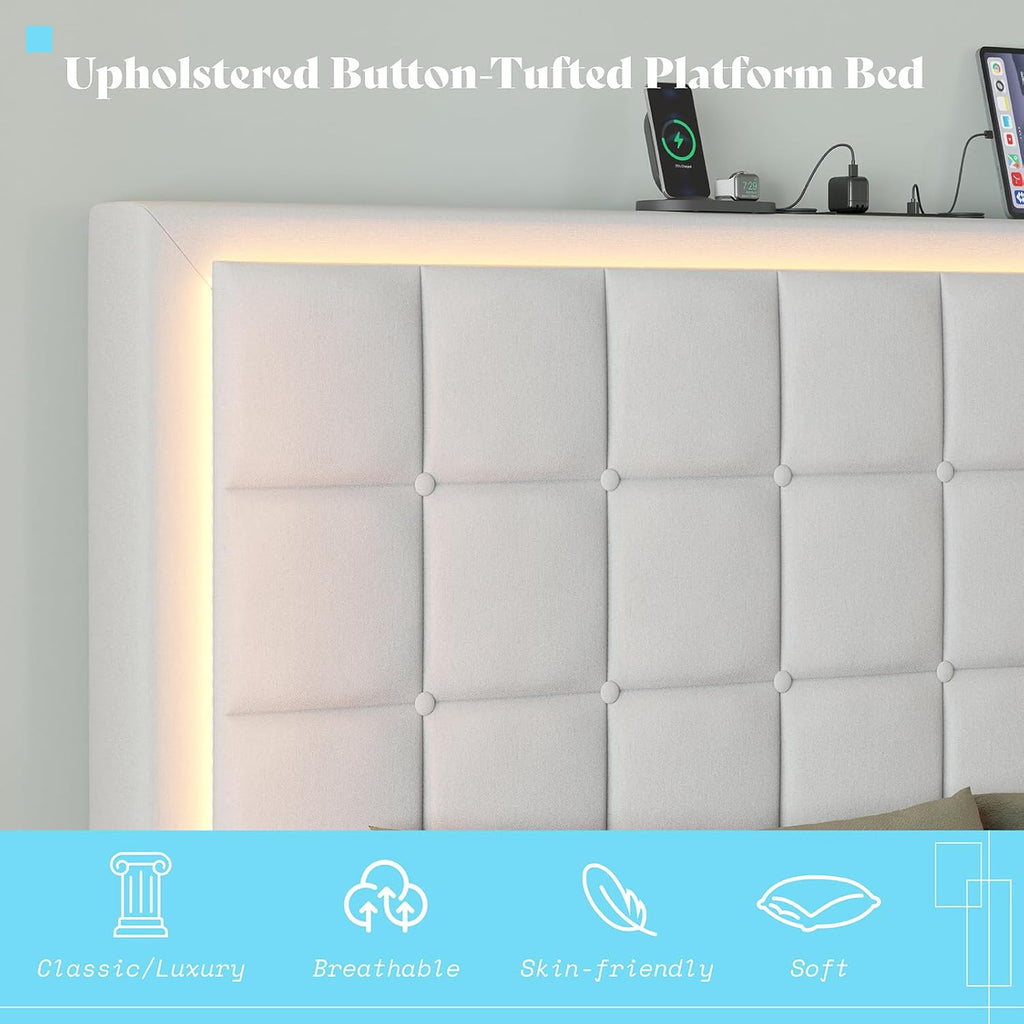AMERLIFE Full Size Upholstered Bed Frame with LED Lights, Soft Fabric/Button Tufted Platform Bed with Charging Station/Wood Slat Support/Noise Free, White