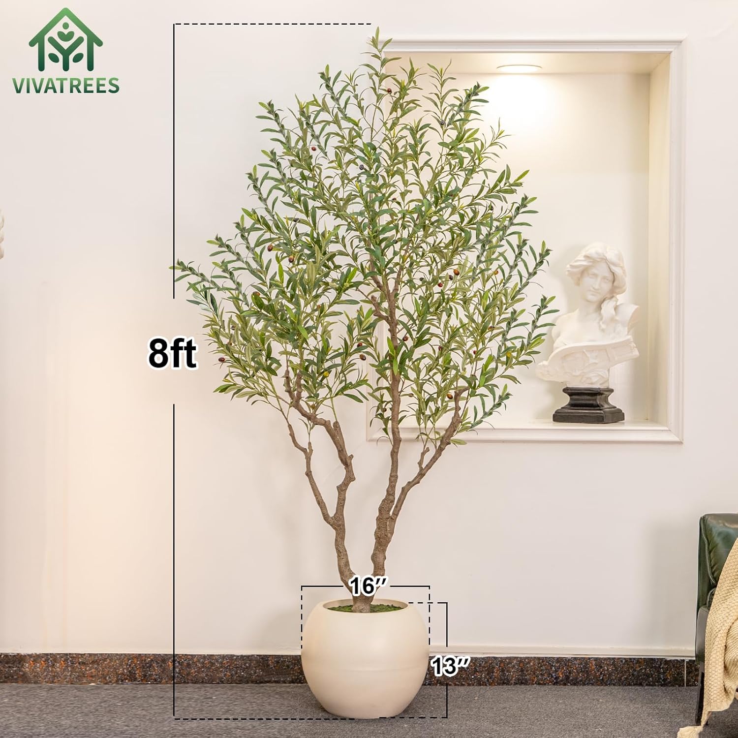 VIVATREES Olive Tree Artificial Indoor, 8FT Tall Faux Olive Tree with 16in Round White Planter, Artificial Plants with Natural Wood Trunk and Lifelike Fruits for Home Office Decor