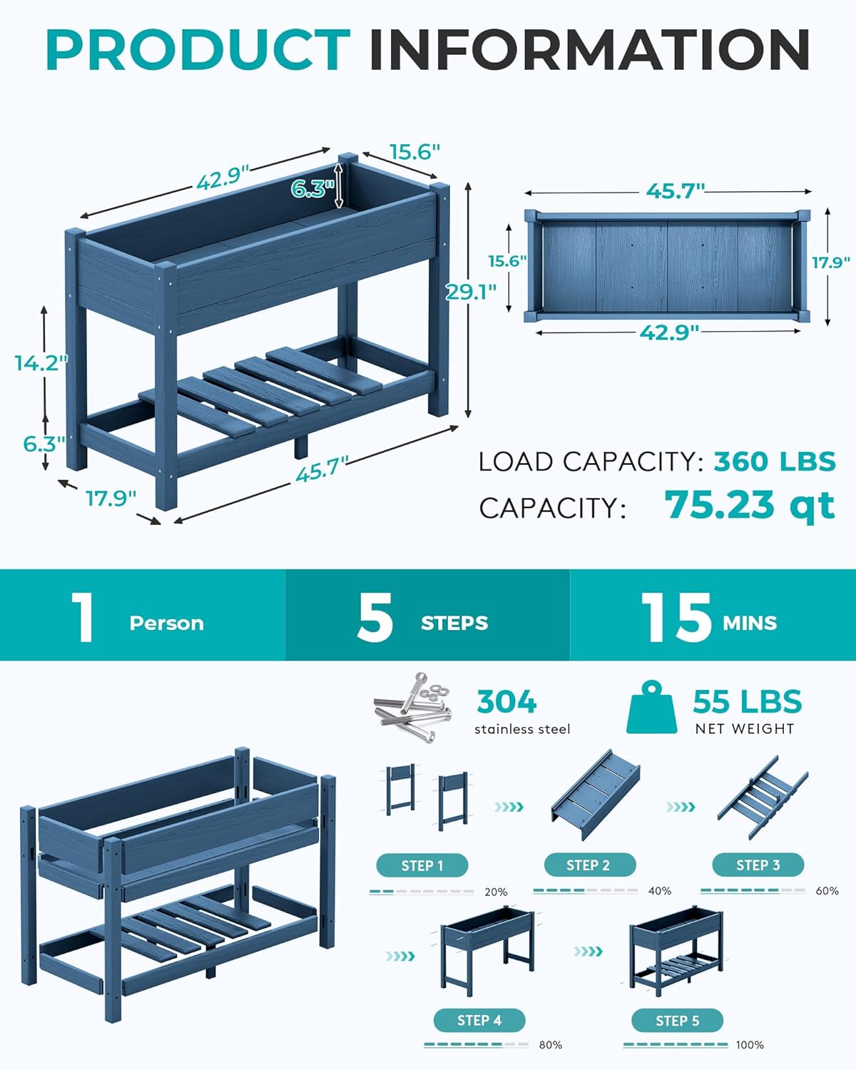 SERWALL Raised Garden Bed with Legs, 43"×17"×30" Large HDPE Elevated Planter Box for Vegetables Flower Herb Patio, All Weather Use- Blue