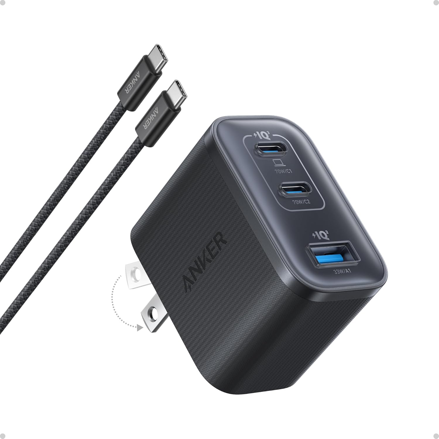 Anker Nano USB C Charger, Ultra-Fast 70W Output 3-Port Fast Charger USB C, Type C Charger Fast Charging, Compact and Stylish, for iPhone 17/16 Series, MacBook, iPad and More(Black, Cable Included)